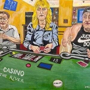 Just Do It original oil painting on canvas by Stanley Grandon. 2 men and 1 woman playing poker at a poker table.