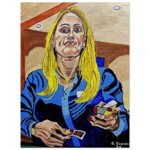 She Deals For Jesus Painting by Stanley Grandon. Woman with a cross necklace dealing poker at the table. 