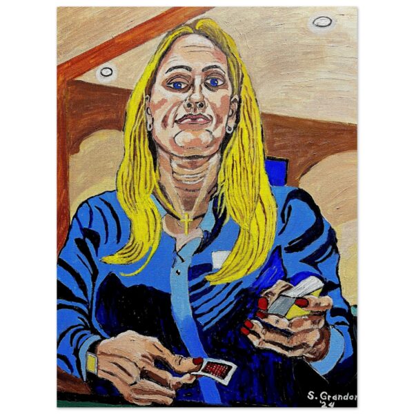 She Deals For Jesus Painting by Stanley Grandon. Woman with a cross necklace dealing poker at the table.